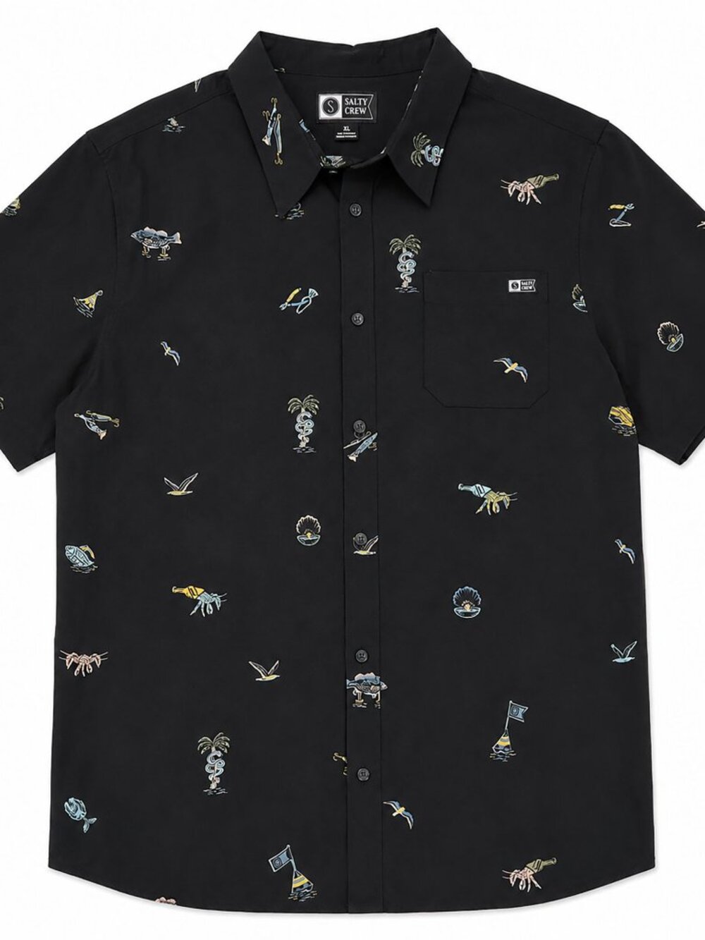 Salty Crew Black Short-Sleeve Button-Up Shirt with Coastal Motif Sz XL New
